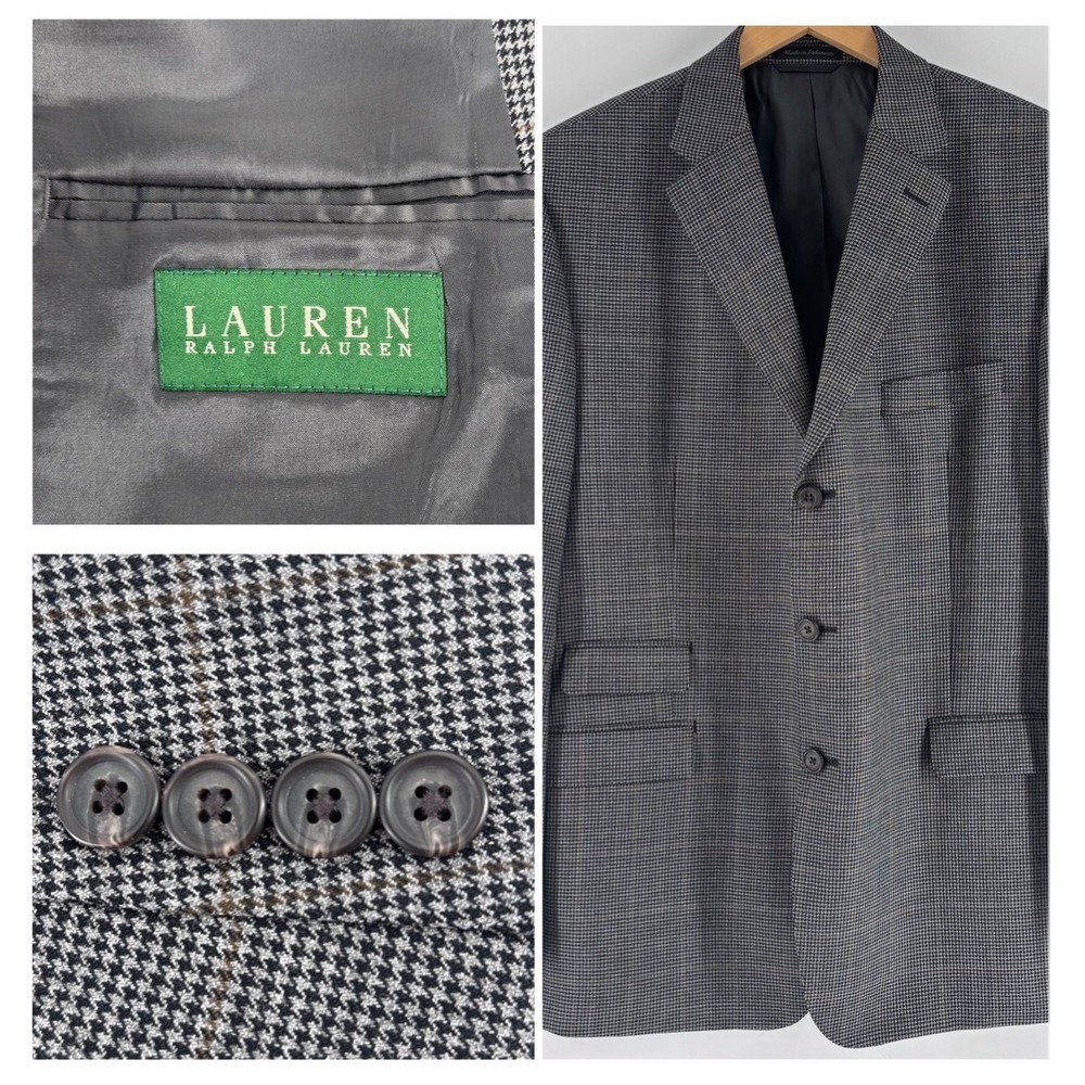 Lauren Ralph Lauren Sport Coat Mens 44R Gray Houndstooth Windowpane 100% Wool